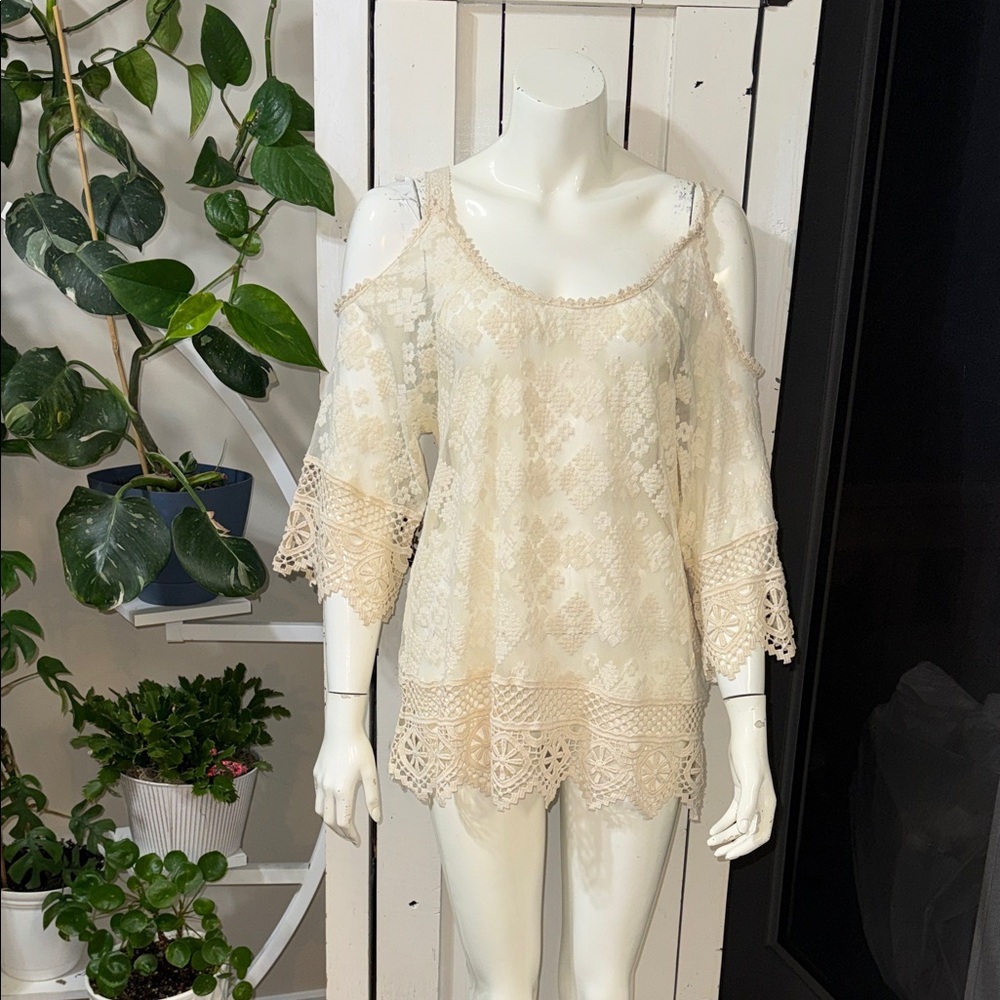 🍄Anne Frank Boho Nannette Cream Lace Cold-Shoulder Blouse NWT